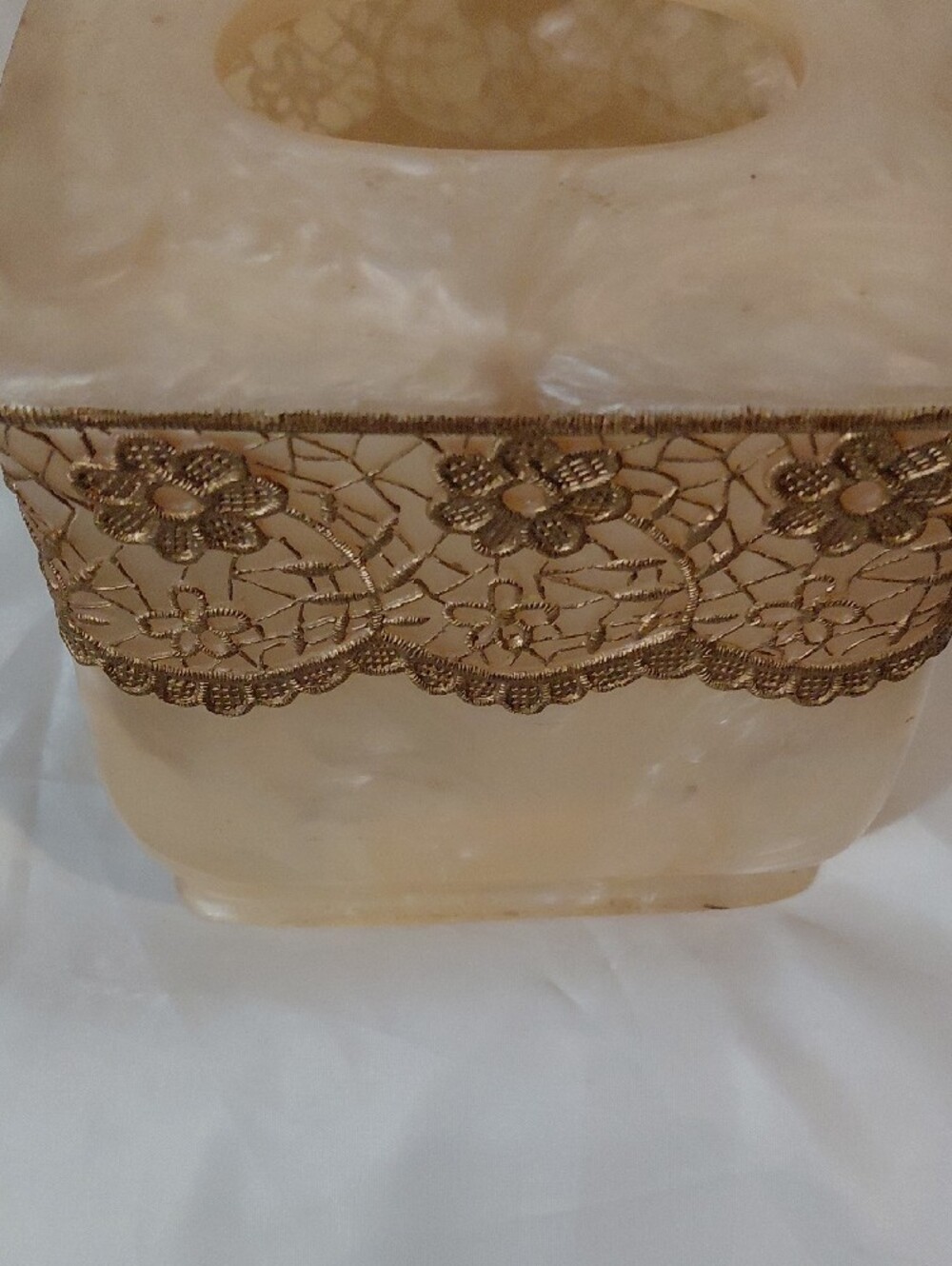 Pearl Cream Tissue Box Cover with Gold Lace Trim - Picture 5 of 6